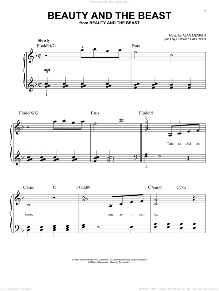 Beauty And The Beast sheet music for piano solo by Angela Lansbury, Beauty And The Beast, Alan Menken, Alan Menken & Howard Ashman and Howard Ashman, easy skill level
