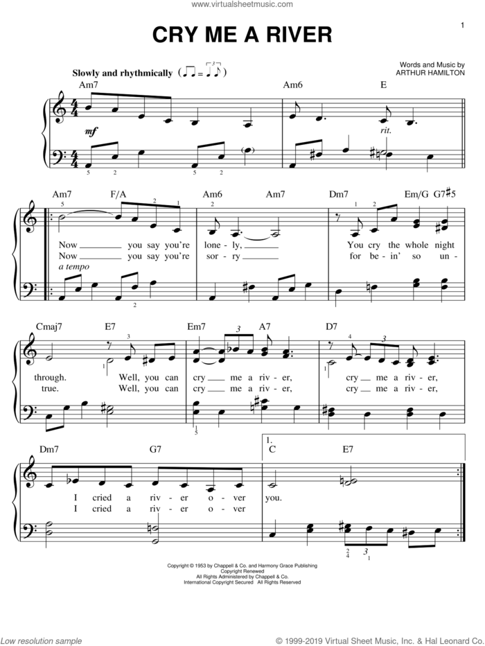 Cry Me A River sheet music for piano solo by Arthur Hamilton, Ella Fitzgerald and Julie London, easy skill level