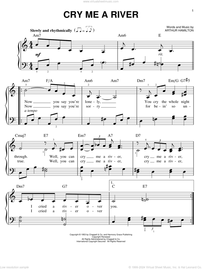 Cry Me A River sheet music for piano solo by Arthur Hamilton, Ella Fitzgerald and Julie London, easy skill level