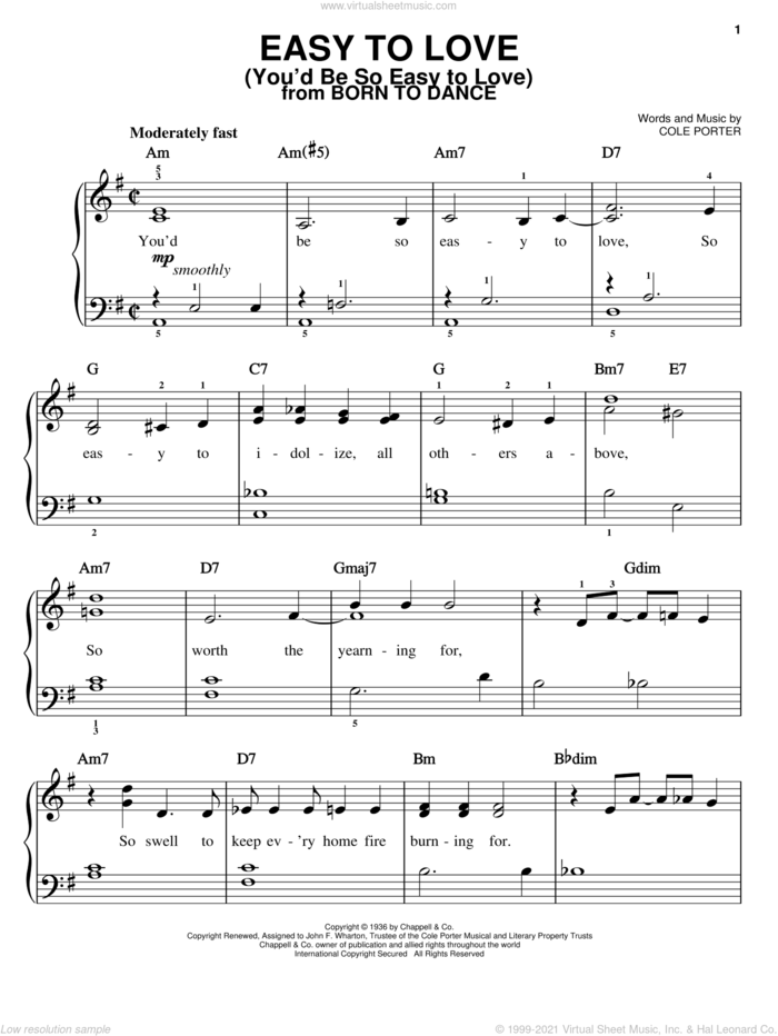 Easy To Love (You'd Be So Easy To Love) sheet music for piano solo by Cole Porter, easy skill level