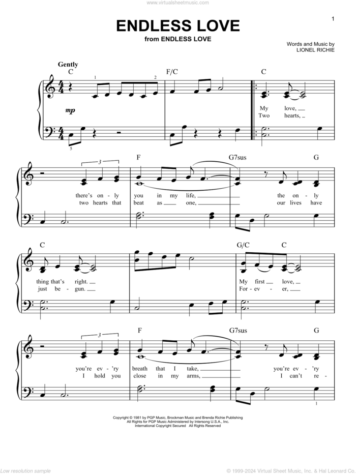 Endless Love, (easy) sheet music for piano solo by Lionel Richie & Diana Ross, Diana Ross, Miscellaneous and Lionel Richie, wedding score, easy skill level