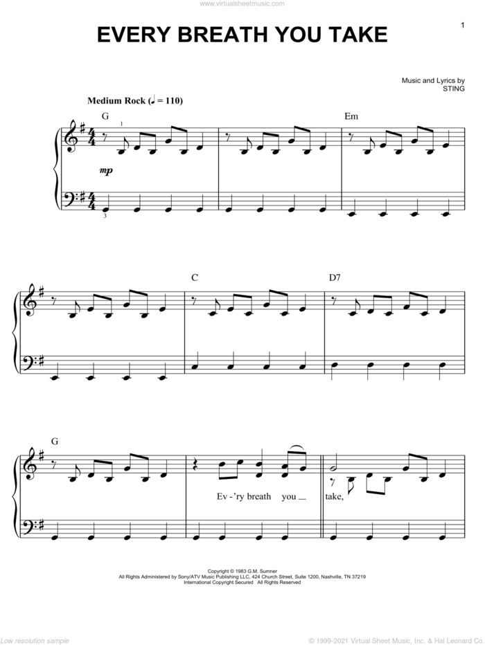 Every Breath You Take, (easy) sheet music for piano solo by The Police and Sting, easy skill level