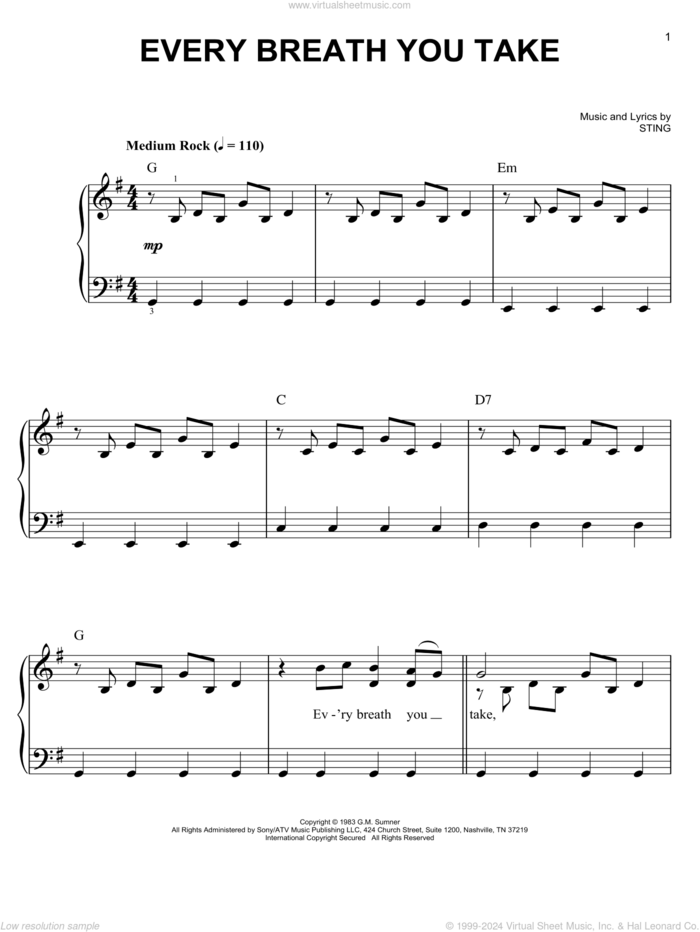 Every Breath You Take, (easy) sheet music for piano solo by The Police and Sting, easy skill level