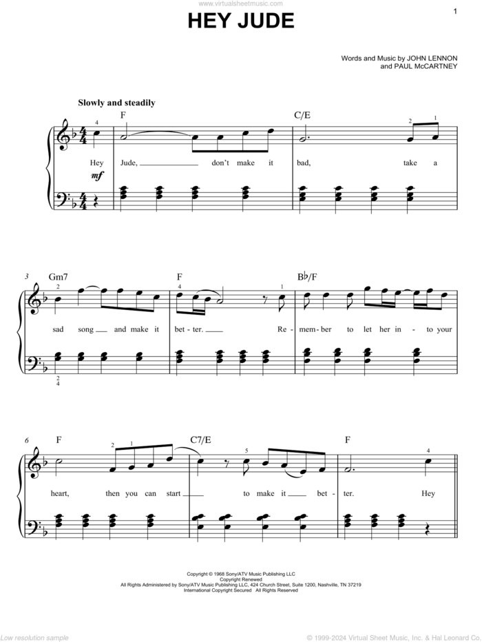 Hey Jude, (easy) sheet music for piano solo by The Beatles, Across The Universe (Movie), John Lennon and Paul McCartney, easy skill level
