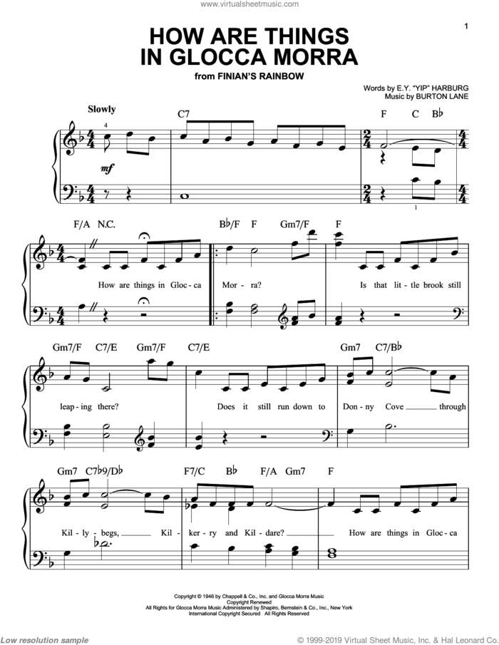 How Are Things In Glocca Morra sheet music for piano solo by Julie Andrews, Bing Crosby, Dick Haymes, Burton Lane and E.Y. Harburg, easy skill level