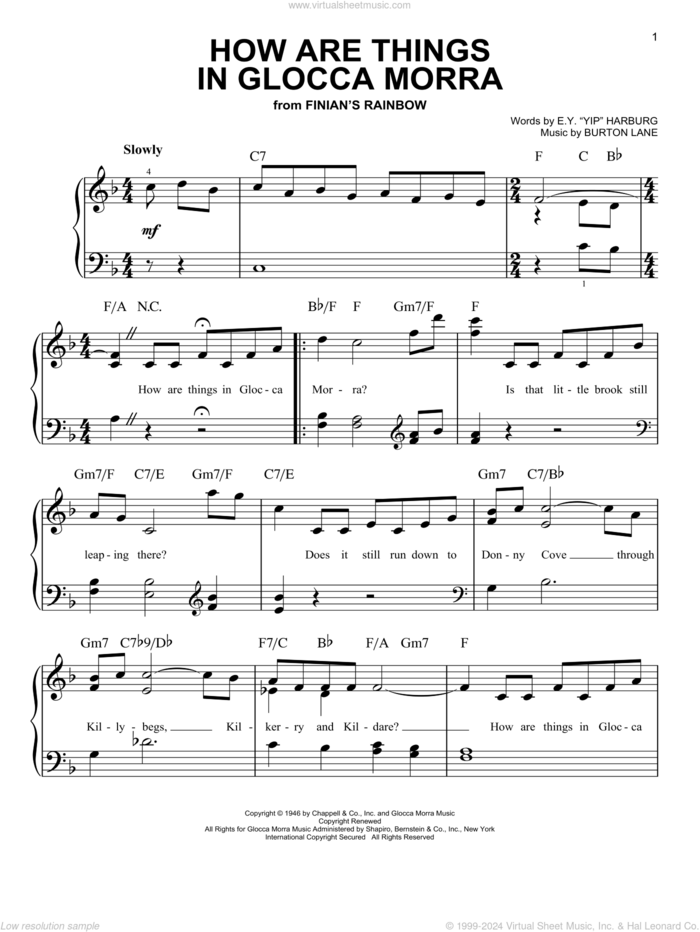 How Are Things In Glocca Morra sheet music for piano solo by Julie Andrews, Bing Crosby, Dick Haymes, Burton Lane and E.Y. Harburg, easy skill level