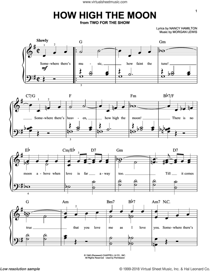 How High The Moon sheet music for piano solo by Duke Ellington, Ella Fitzgerald, Louis Armstrong, Morgan Lewis and Nancy Hamilton, beginner skill level