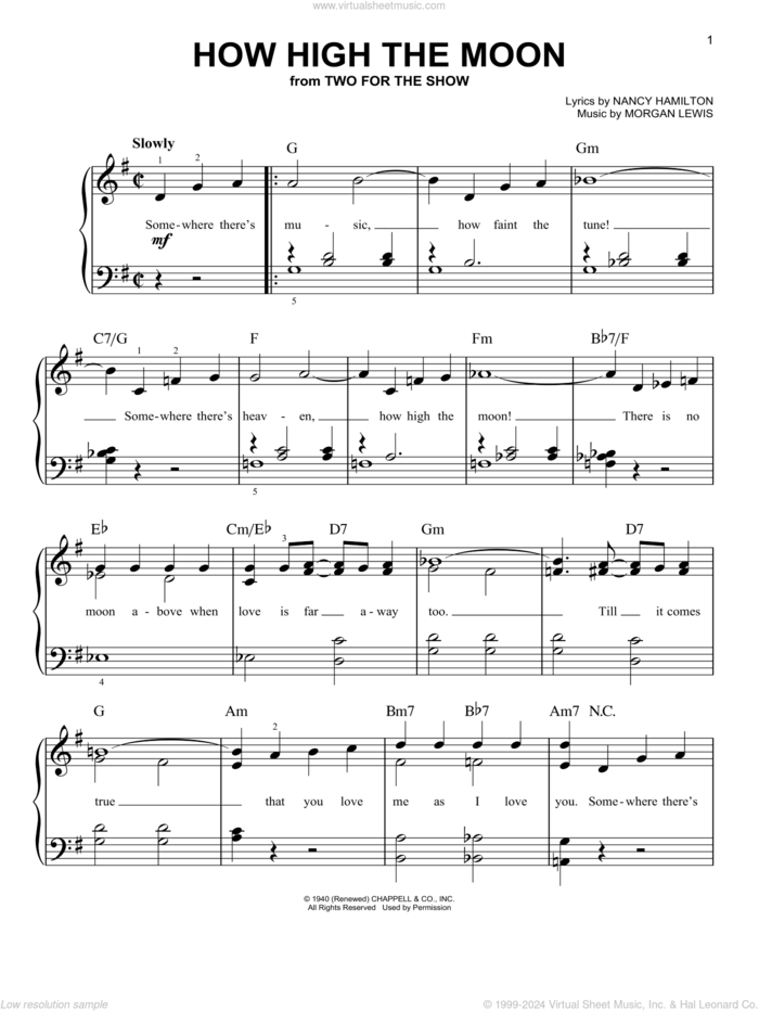 How High The Moon sheet music for piano solo by Duke Ellington, Ella Fitzgerald, Louis Armstrong, Morgan Lewis and Nancy Hamilton, beginner skill level