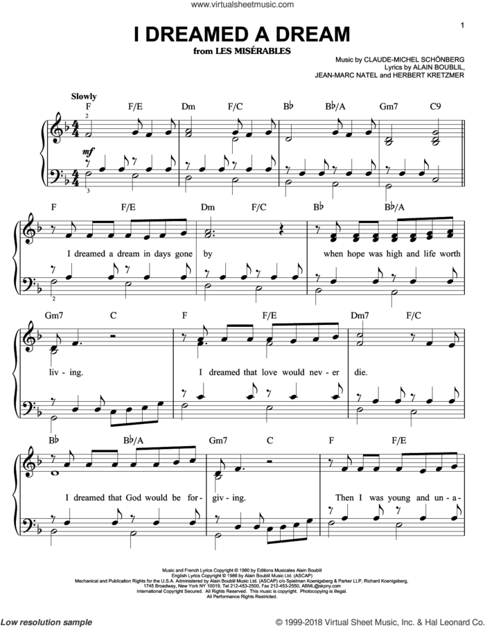 I Dreamed A Dream (from Les Miserables), (easy) sheet music for piano solo by Claude-Michel Schonberg, Les Miserables (Musical), Miscellaneous, Alain Boublil, Boublil and Schonberg, Herbert Kretzmer and Jean-Marc Natel, easy skill level