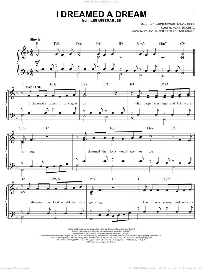 I Dreamed A Dream (from Les Miserables), (easy) sheet music for piano solo by Claude-Michel Schonberg, Les Miserables (Musical), Miscellaneous, Alain Boublil, Boublil and Schonberg, Herbert Kretzmer and Jean-Marc Natel, easy skill level