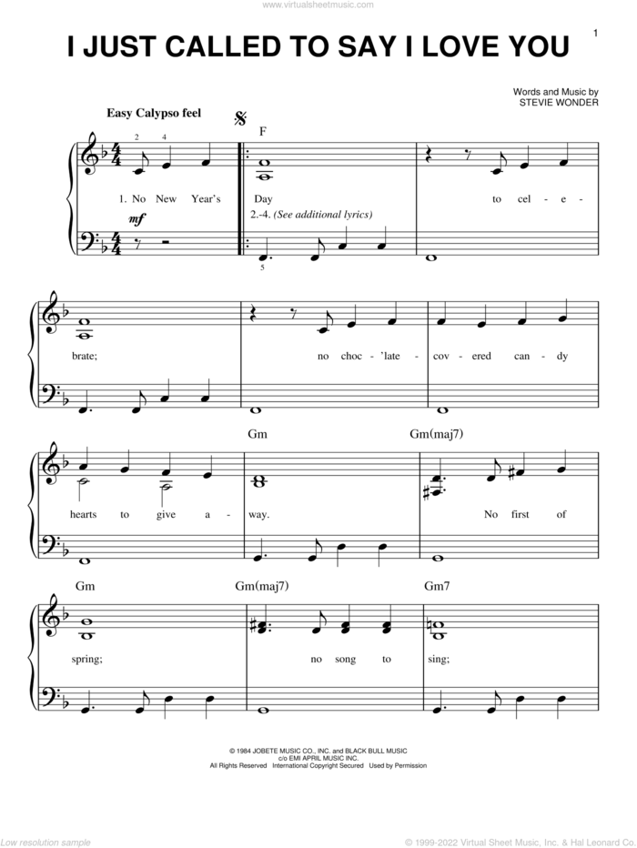 I Just Called To Say I Love You, (easy) sheet music for piano solo by Stevie Wonder, easy skill level