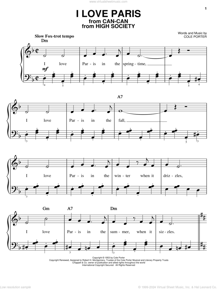 I Love Paris sheet music for piano solo by Cole Porter and Frank Sinatra, easy skill level