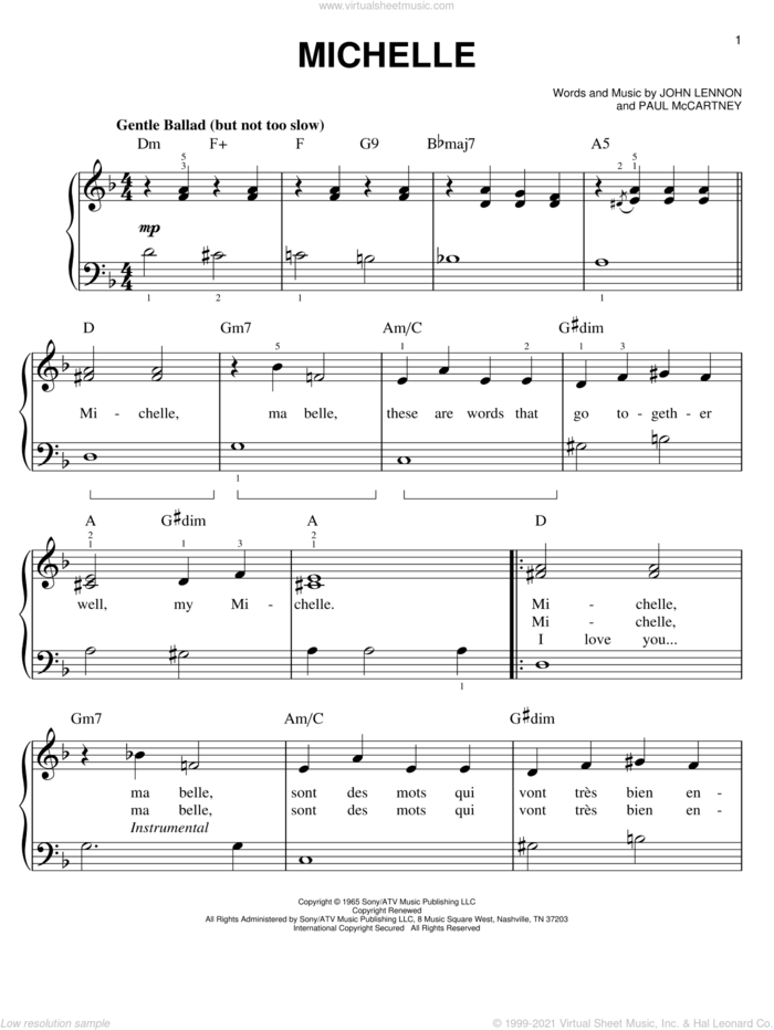 Michelle, (easy) sheet music for piano solo by The Beatles, John Lennon and Paul McCartney, easy skill level