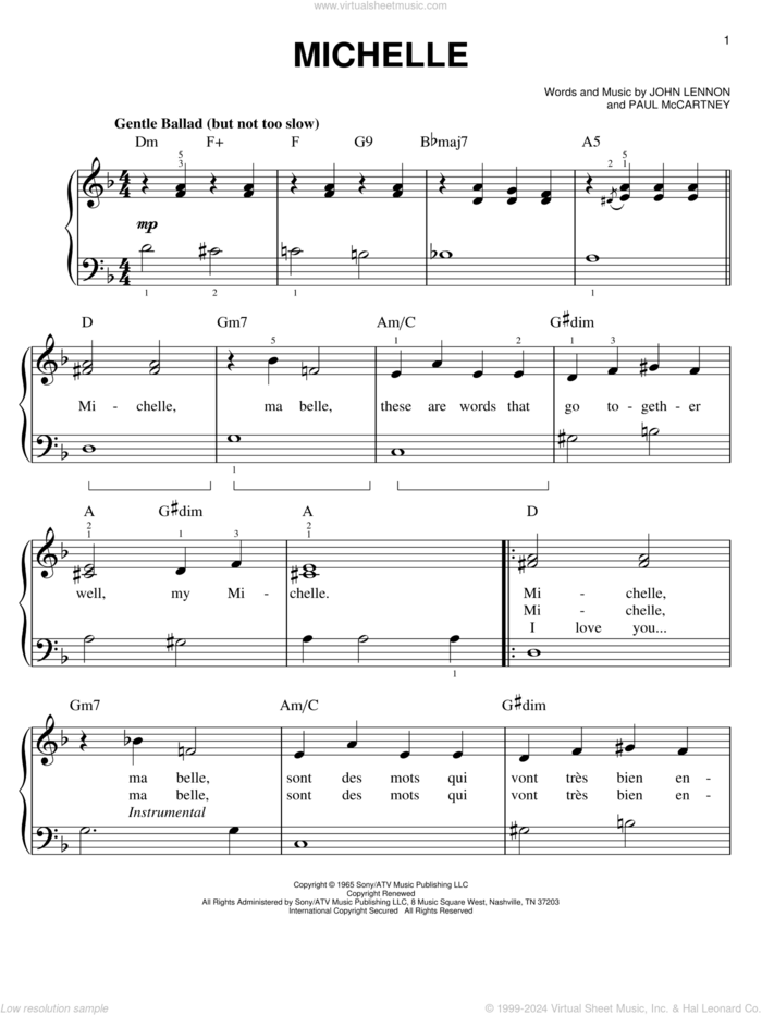 Michelle, (easy) sheet music for piano solo by The Beatles, John Lennon and Paul McCartney, easy skill level