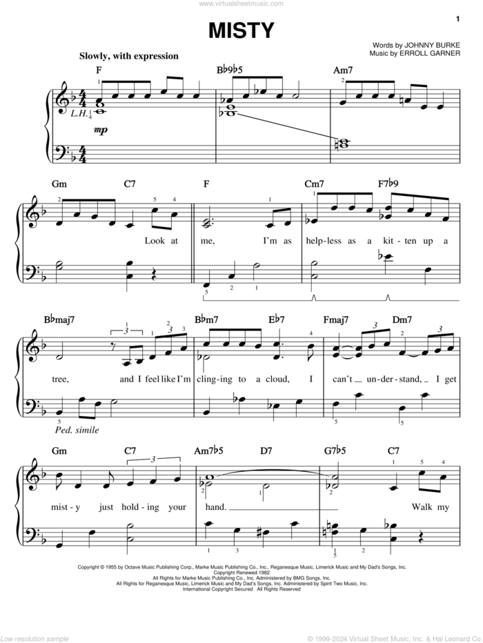 Misty sheet music for piano solo by Erroll Garner, Johnny Mathis, Ray Stevens, Sarah Vaughan and John Burke, easy skill level