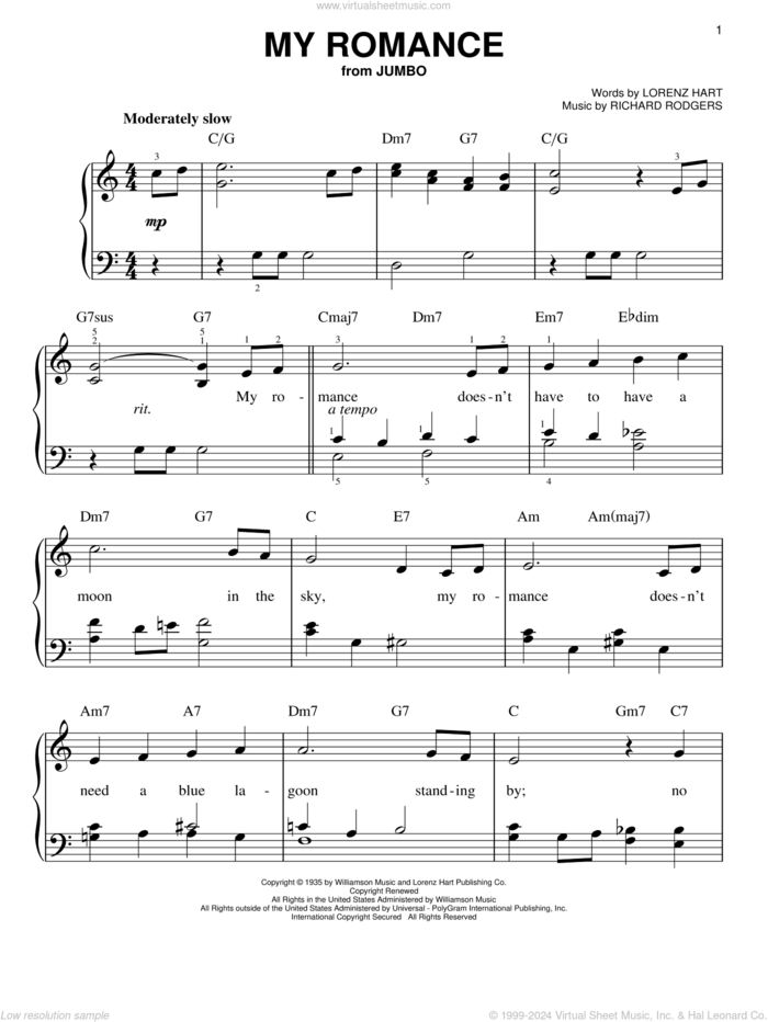 My Romance sheet music for piano solo by Tony Bennett, Bill Evans, Rodgers & Hart, Lorenz Hart and Richard Rodgers, easy skill level