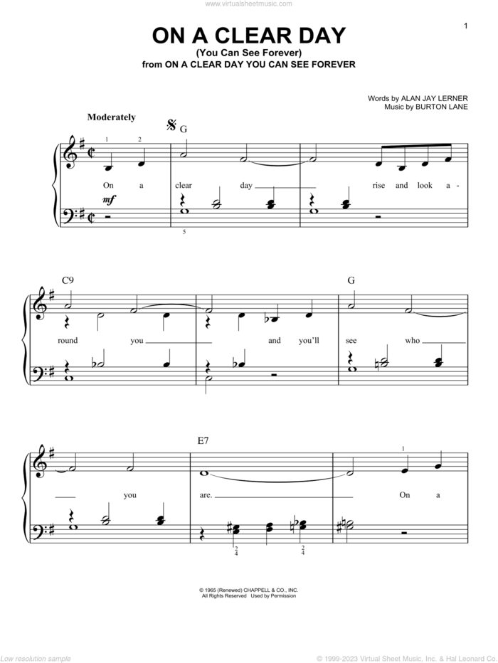 On A Clear Day (You Can See Forever) sheet music for piano solo by Barbra Streisand, Alan Jay Lerner and Burton Lane, easy skill level