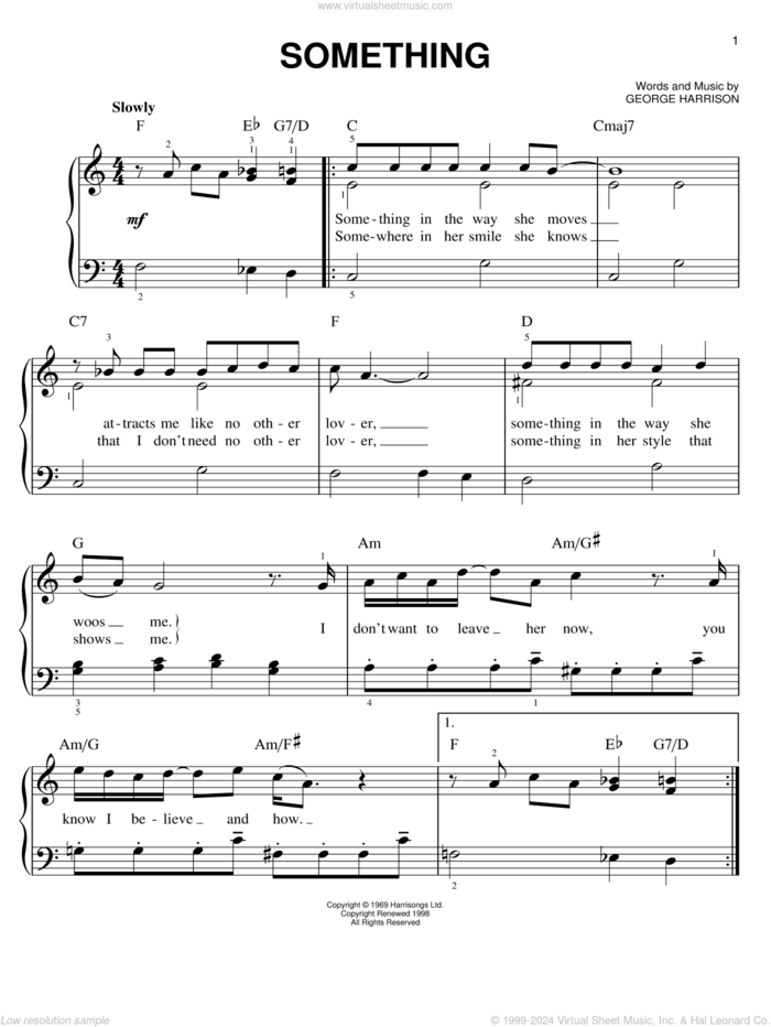 Something, (easy) sheet music for piano solo by The Beatles, Across The Universe (Movie) and George Harrison, easy skill level