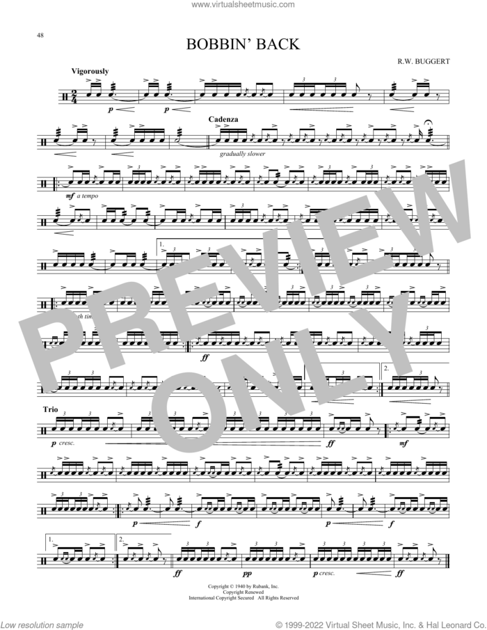 Bobbin' Back sheet music for Snare Drum Solo (percussions, drums) by R.W. Buggert, classical score, intermediate skill level