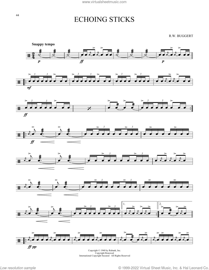 Echoing Sticks sheet music for Snare Drum Solo (percussions, drums) by R.W. Buggert, classical score, intermediate skill level