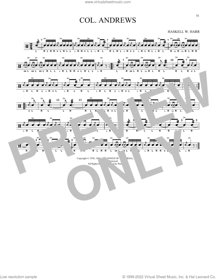 Col. Andrews sheet music for Snare Drum Solo (percussions, drums) by Haskell W. Harr, classical score, intermediate skill level