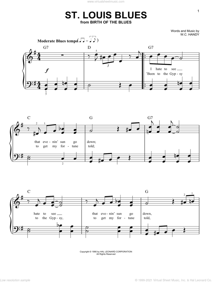 St. Louis Blues, (easy) sheet music for piano solo by W.C. Handy, Bessie Smith and Louis Armstrong, easy skill level