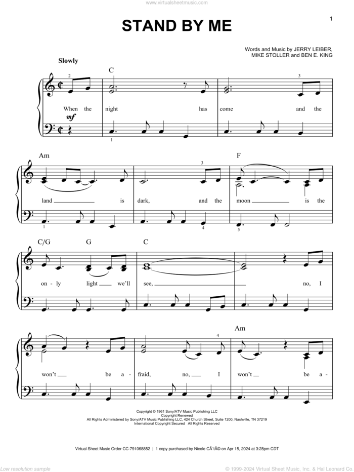 Stand By Me, (easy) sheet music for piano solo by Ben E. King, Mickey Gilley, Jerry Leiber and Mike Stoller, easy skill level