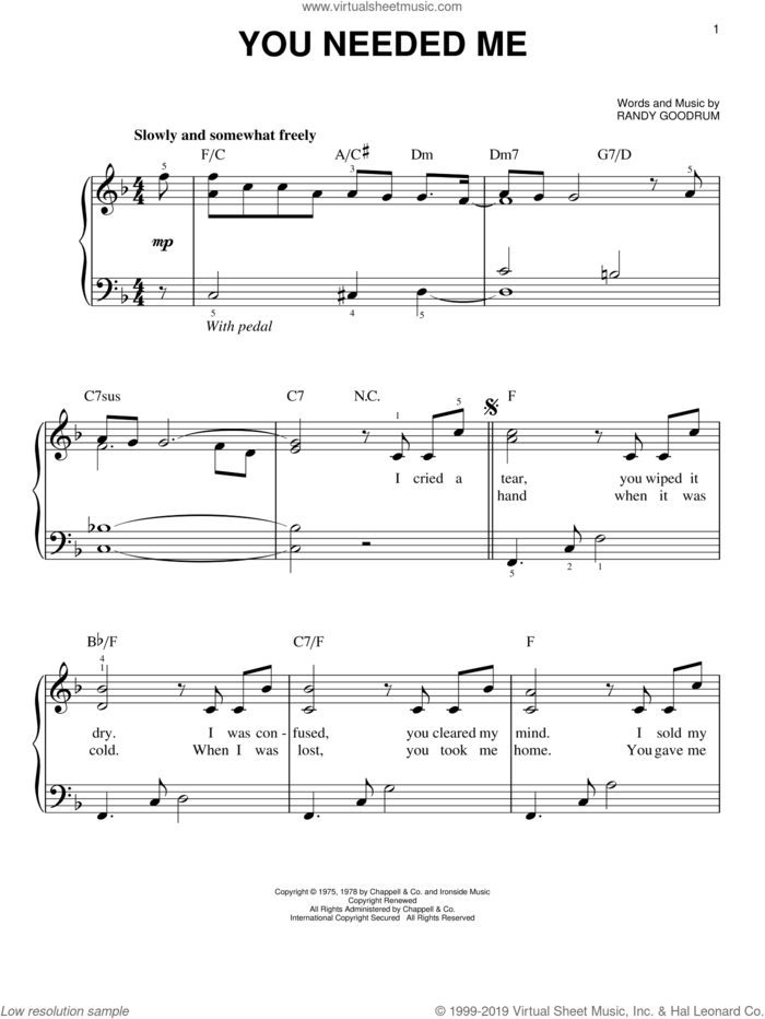 You Needed Me, (easy) sheet music for piano solo by Anne Murray, Tammy Wynette and Randy Goodrum, wedding score, easy skill level