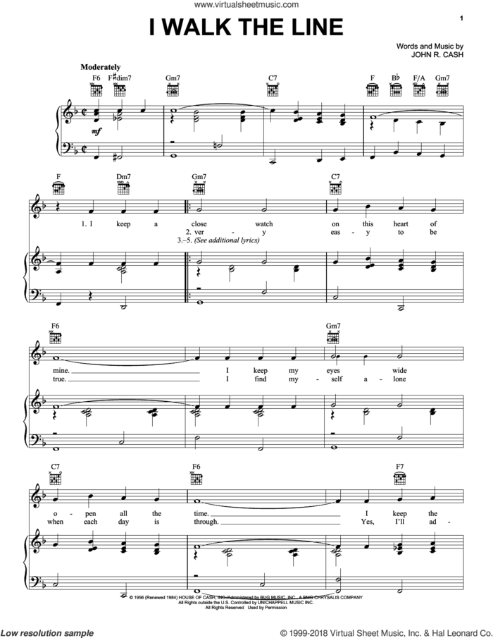 I Walk The Line sheet music for voice, piano or guitar by Johnny Cash and Walk The Line (Movie), intermediate skill level