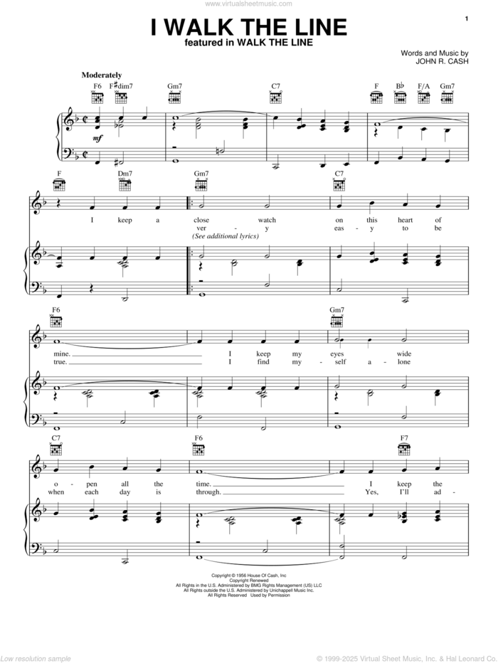 I Walk The Line sheet music for voice, piano or guitar by Johnny Cash and Walk The Line (Movie), intermediate skill level