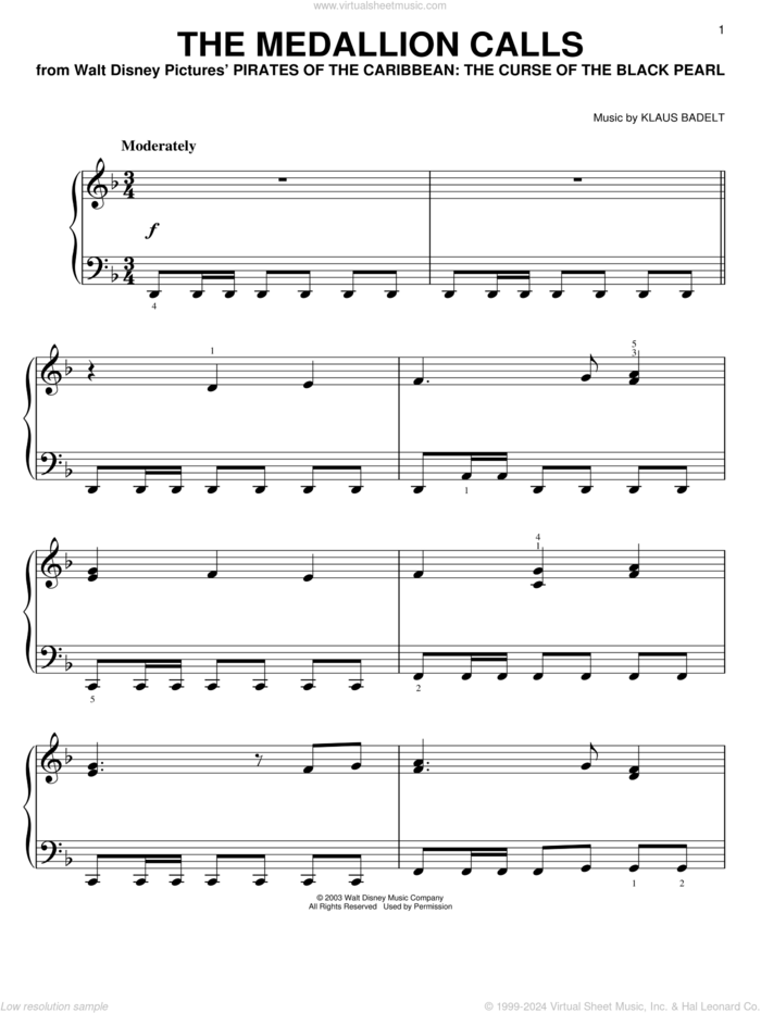 The Medallion Calls, (easy) sheet music for piano solo by Klaus Badelt and Pirates Of The Caribbean: The Curse Of The Black Pearl (Movie), easy skill level