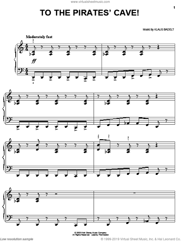 To The Pirate's Cave! sheet music for piano solo by Klaus Badelt and Pirates Of The Caribbean: The Curse Of The Black Pearl (Movie), easy skill level