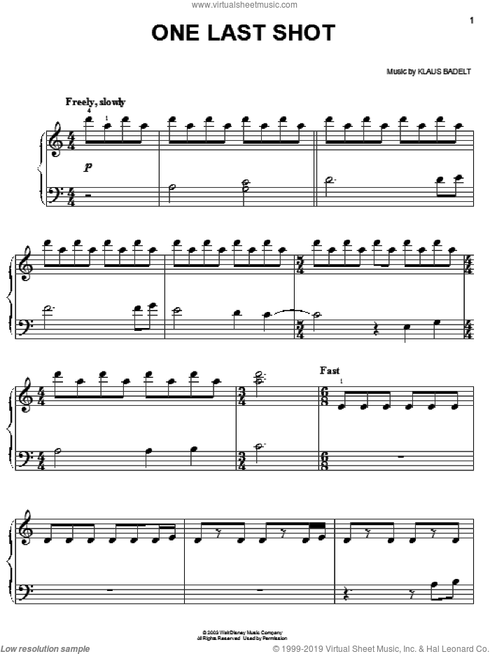 One Last Shot, (easy) sheet music for piano solo by Klaus Badelt and Pirates Of The Caribbean: The Curse Of The Black Pearl (Movie), easy skill level