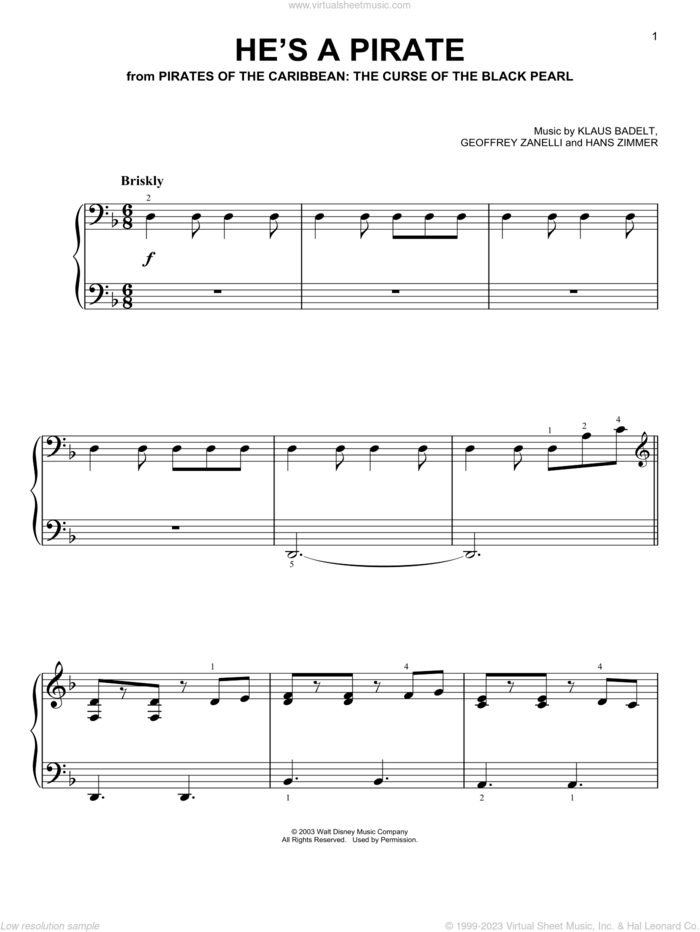 He's A Pirate (from Pirates Of The Caribbean: The Curse Of The Black Pearl) sheet music for piano solo by Klaus Badelt and Pirates Of The Caribbean: The Curse Of The Black Pearl (Movie), easy skill level