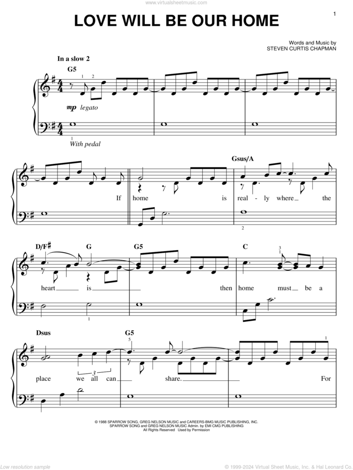 Love Will Be Our Home, (easy) sheet music for piano solo by Sandi Patty and Steven Curtis Chapman, wedding score, easy skill level