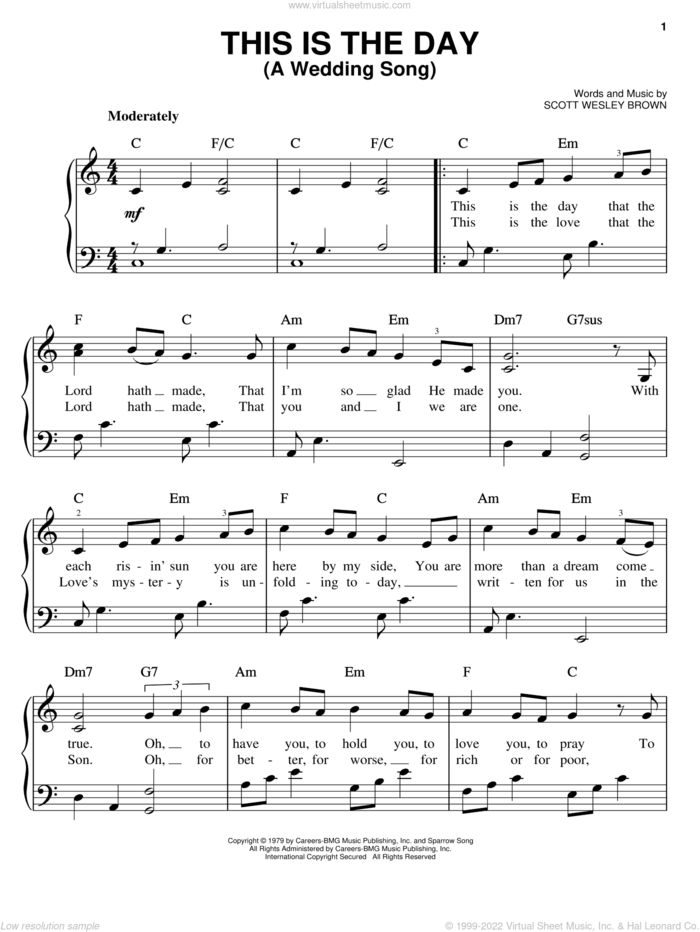 This Is The Day (A Wedding Song) sheet music for piano solo by Scott Wesley Brown, wedding score, easy skill level