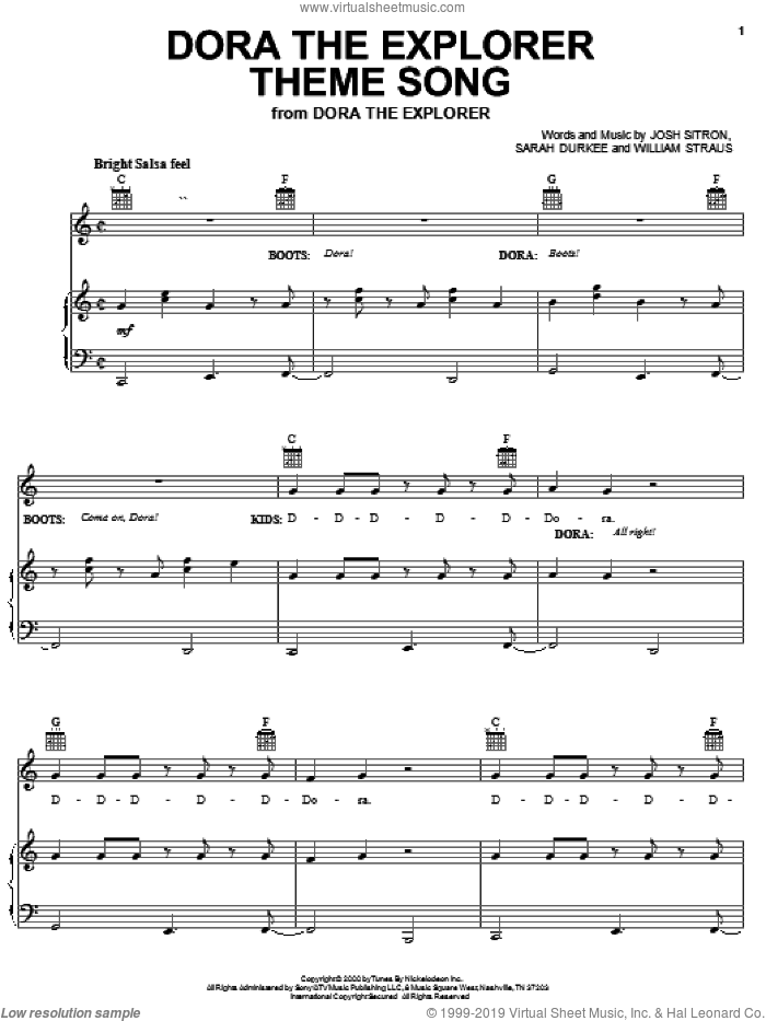 Dora The Explorer Theme Song sheet music for voice, piano or guitar by Josh Sitron, Billy Straus and Sarah Durkee, intermediate skill level