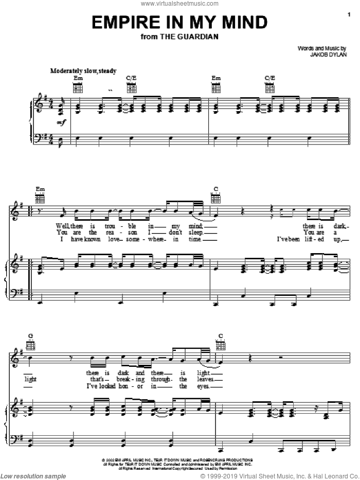 Empire In My Mind sheet music for voice, piano or guitar by The Wallflowers and Jakob Dylan, intermediate skill level