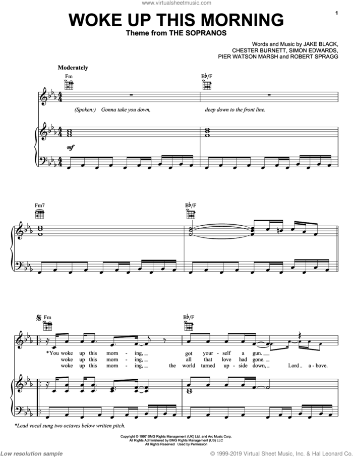 Woke Up This Morning (Theme from The Sopranos) sheet music for voice, piano or guitar by Alabama Three, Alabama 3, Chester Burnett, Jake Black and Simon Edwards, intermediate skill level