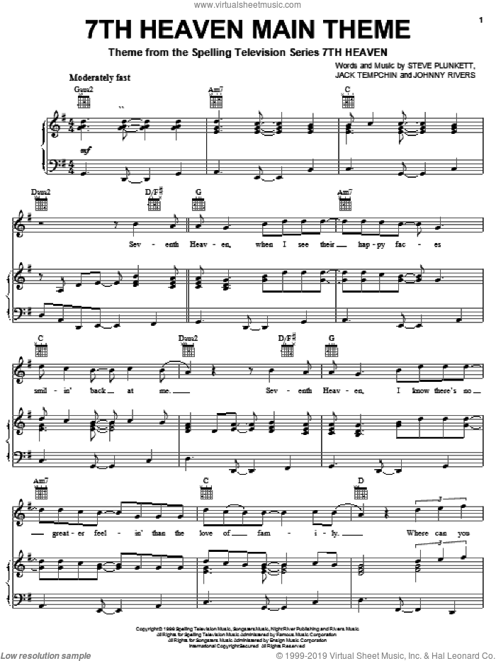 7th Heaven Main Theme sheet music for voice, piano or guitar by Steve Plunkett, Jack Tempchin and Johnny Rivers, intermediate skill level