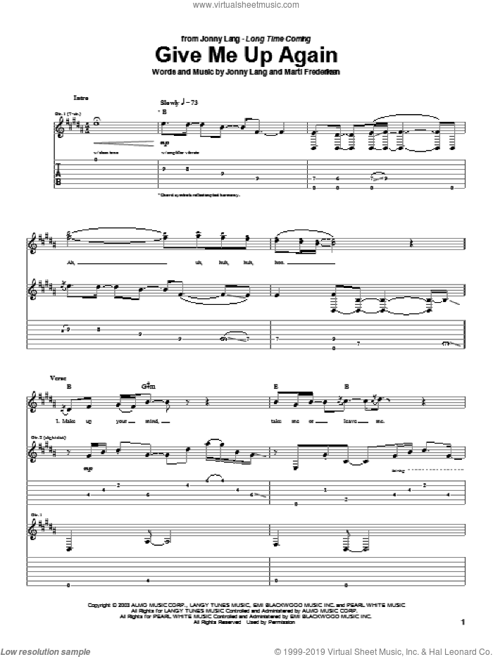 Give Me Up Again sheet music for guitar (tablature) by Jonny Lang and Marti Frederiksen, intermediate skill level