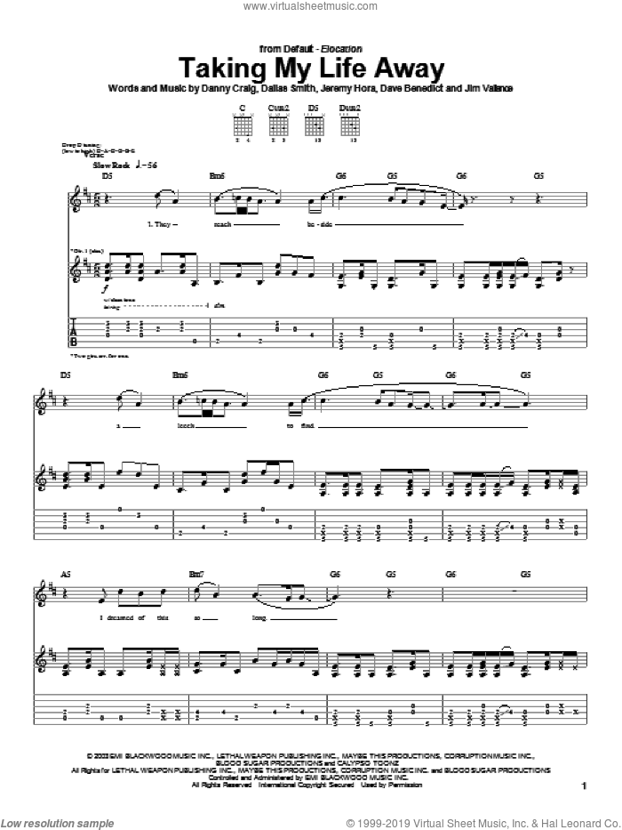 Taking My Life Away sheet music for guitar (tablature) by Default, Dallas Smith, Danny Craig and Jeremy Hora, intermediate skill level