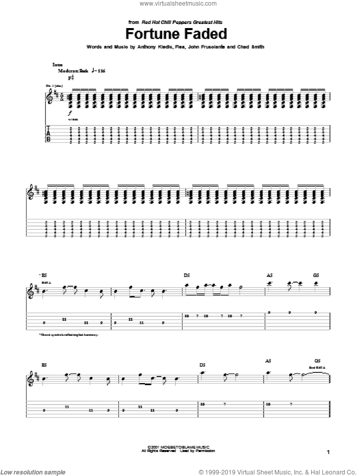 Fortune Faded sheet music for guitar (tablature) by Red Hot Chili Peppers, Anthony Kiedis, Flea and John Frusciante, intermediate skill level