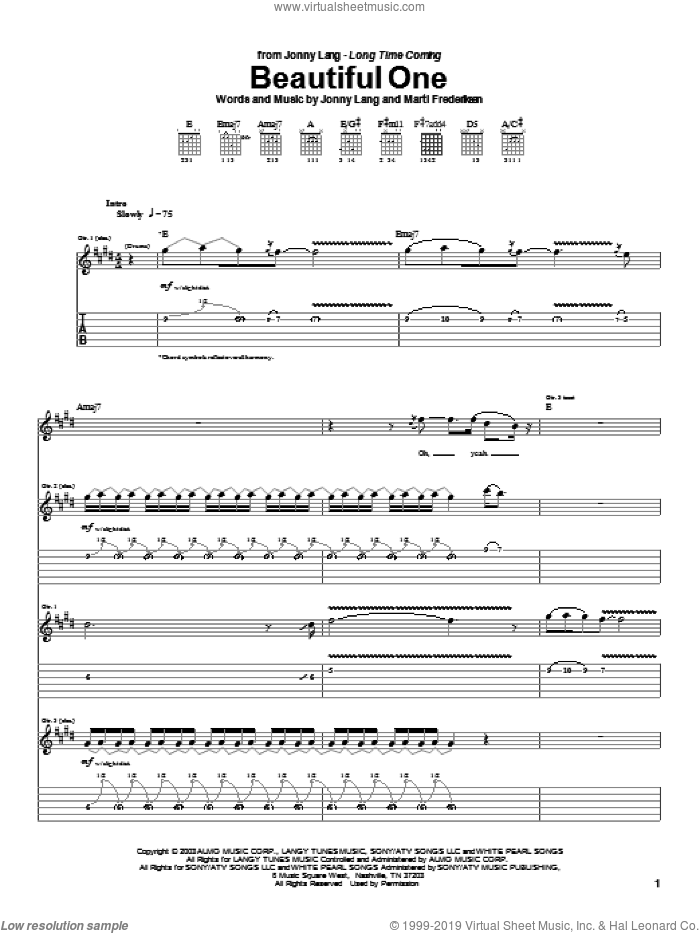 Beautiful One sheet music for guitar (tablature) by Jonny Lang and Marti Frederiksen, intermediate skill level