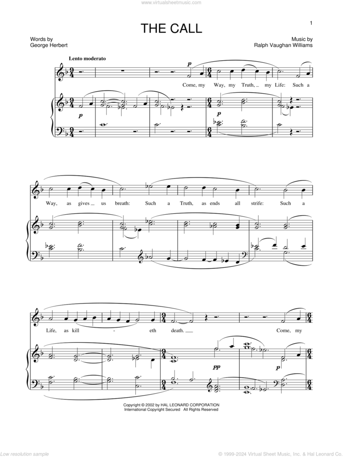 The Call sheet music for voice and piano by Ralph Vaughan Williams, intermediate skill level