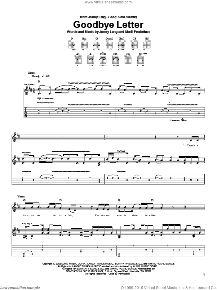 Goodbye Letter sheet music for guitar (tablature) by Jonny Lang and Marti Frederiksen, intermediate skill level