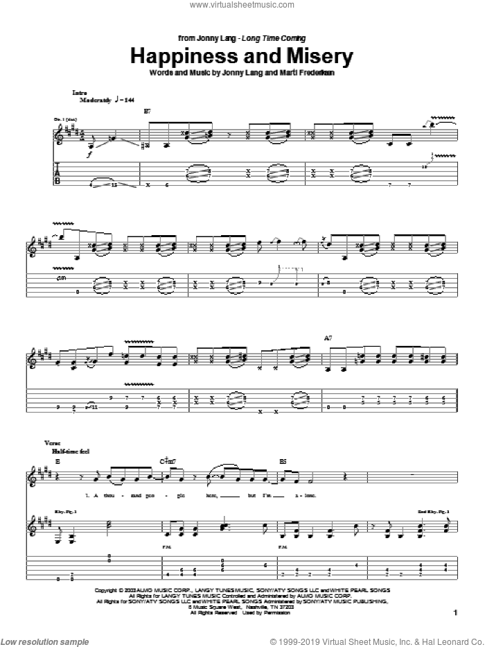 Happiness And Misery sheet music for guitar (tablature) by Jonny Lang and Marti Frederiksen, intermediate skill level