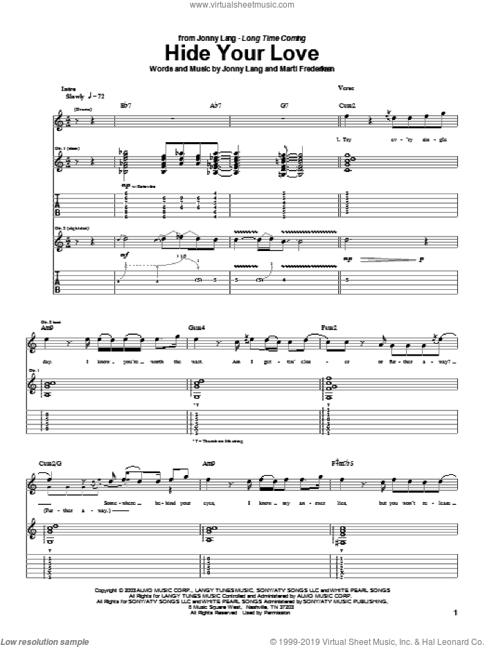 Hide Your Love sheet music for guitar (tablature) by Jonny Lang and Marti Frederiksen, intermediate skill level