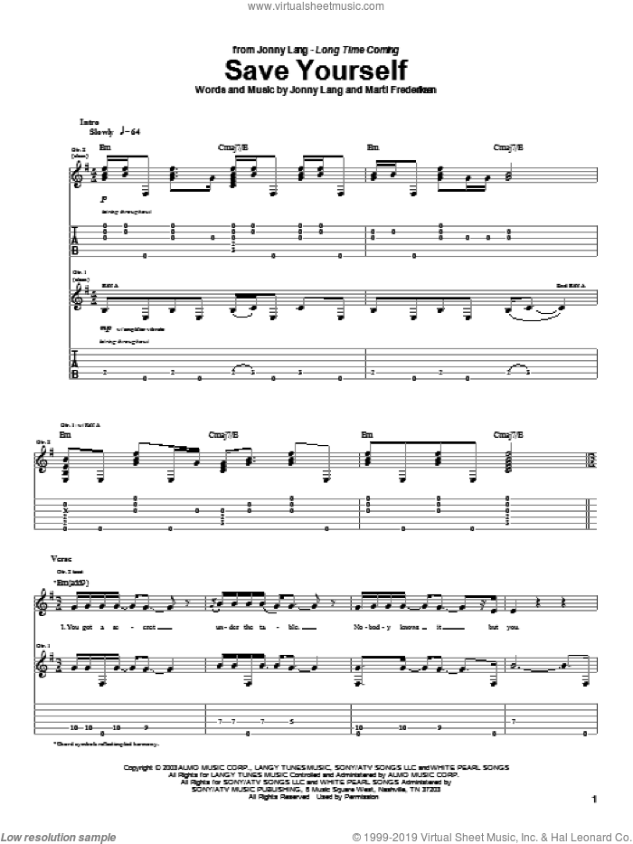 Save Yourself sheet music for guitar (tablature) by Jonny Lang and Marti Frederiksen, intermediate skill level
