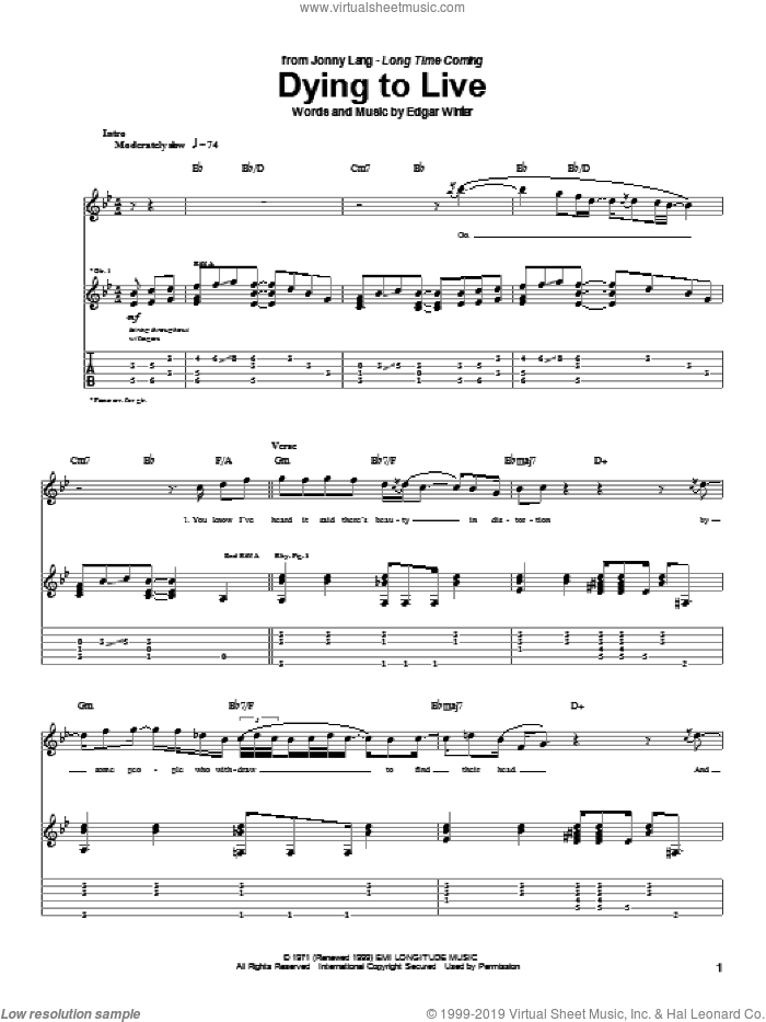 Dying To Live sheet music for guitar (tablature) by Jonny Lang and Edgar Winter, intermediate skill level